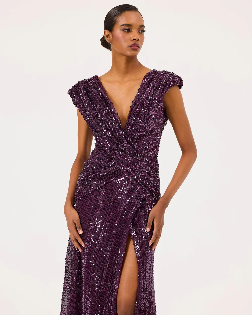 Draped V-Neck Sequin Evening Dress with Slits