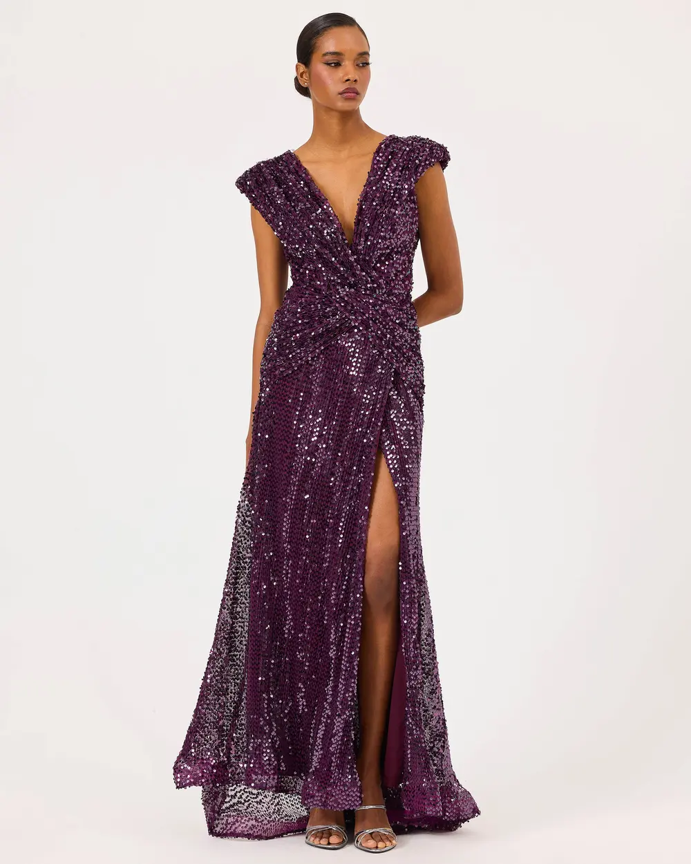 Draped V-Neck Sequin Evening Dress with Slits