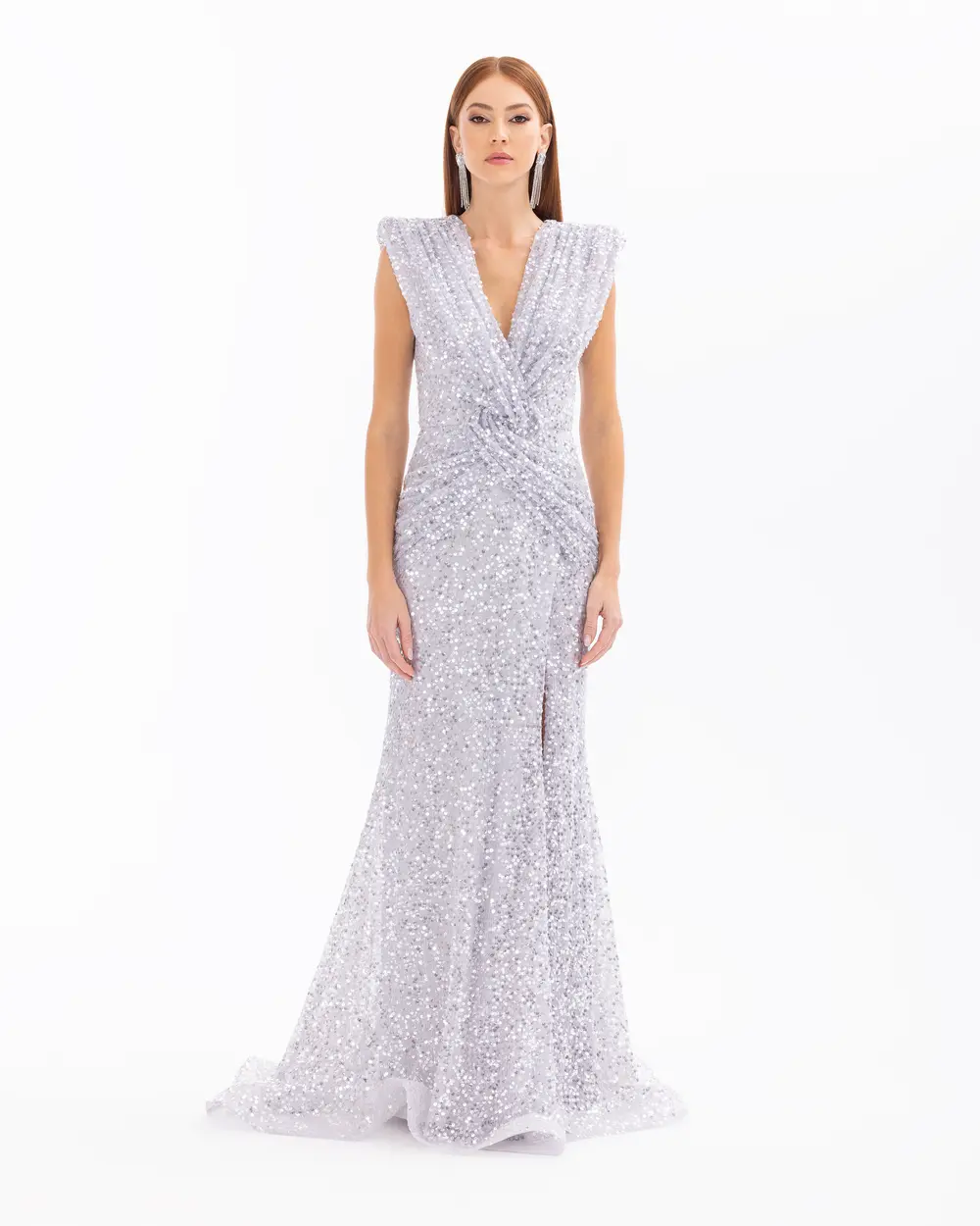 Draped V-Neck Sequin Evening Dress with Slits