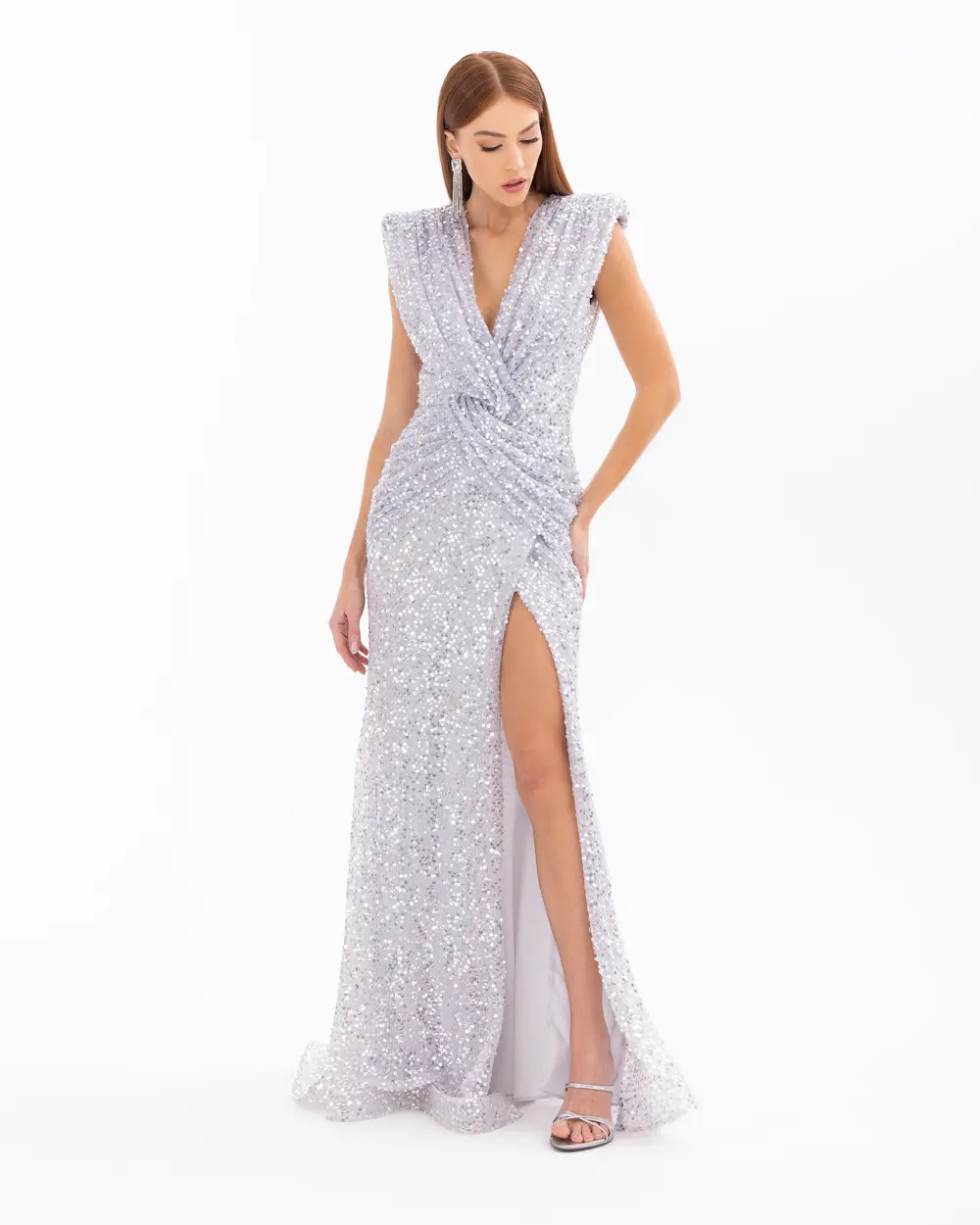 Draped V-Neck Sequin Evening Dress with Slits