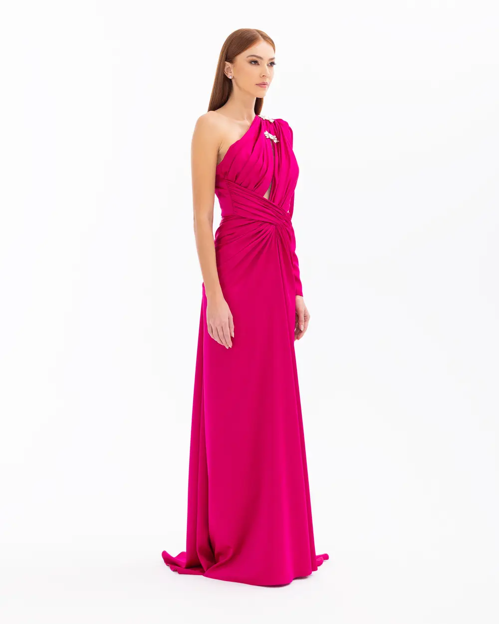 Satin Satin Window Detailed Evening Dress with Stone Slits