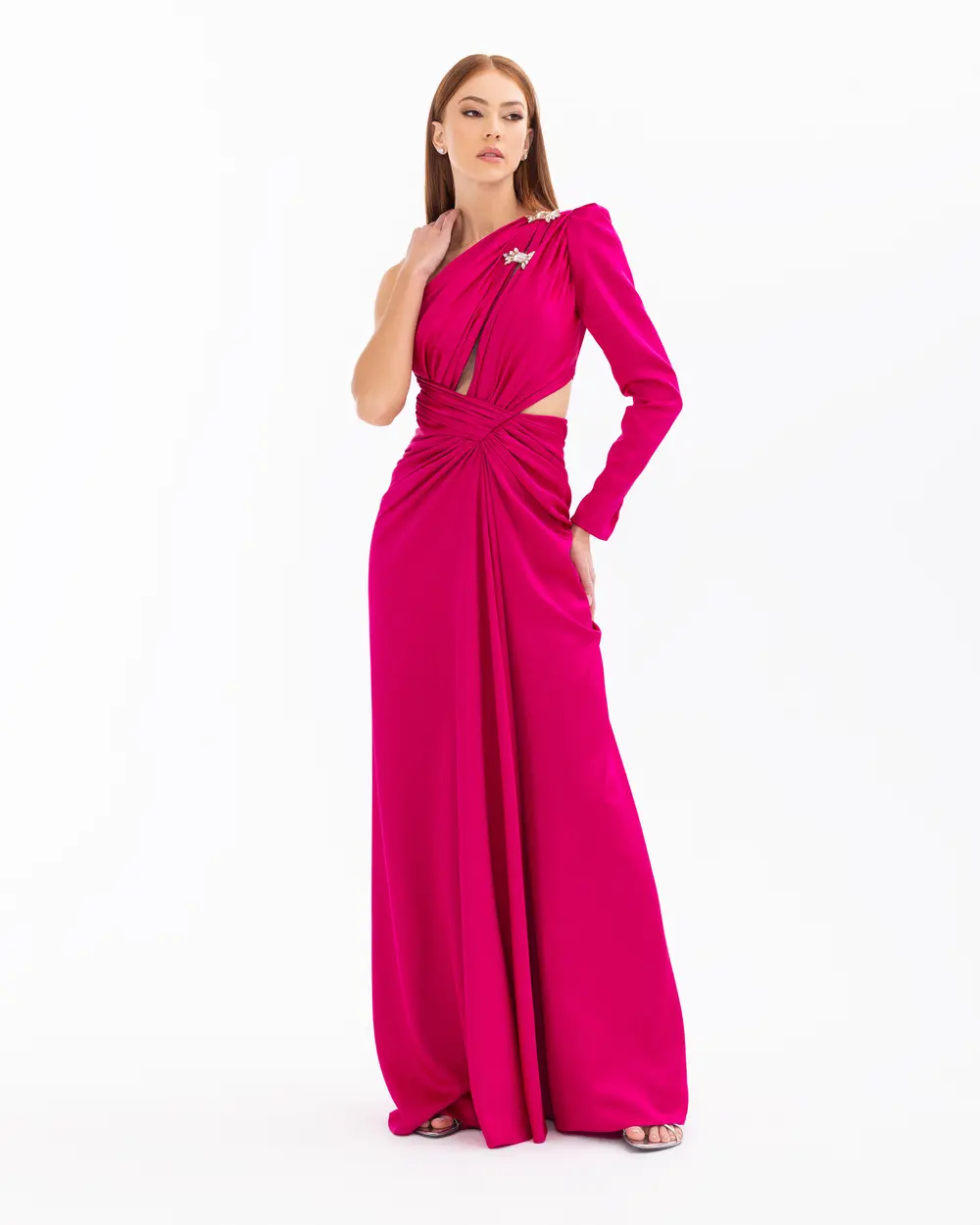 Satin Satin Window Detailed Evening Dress with Stone Slits