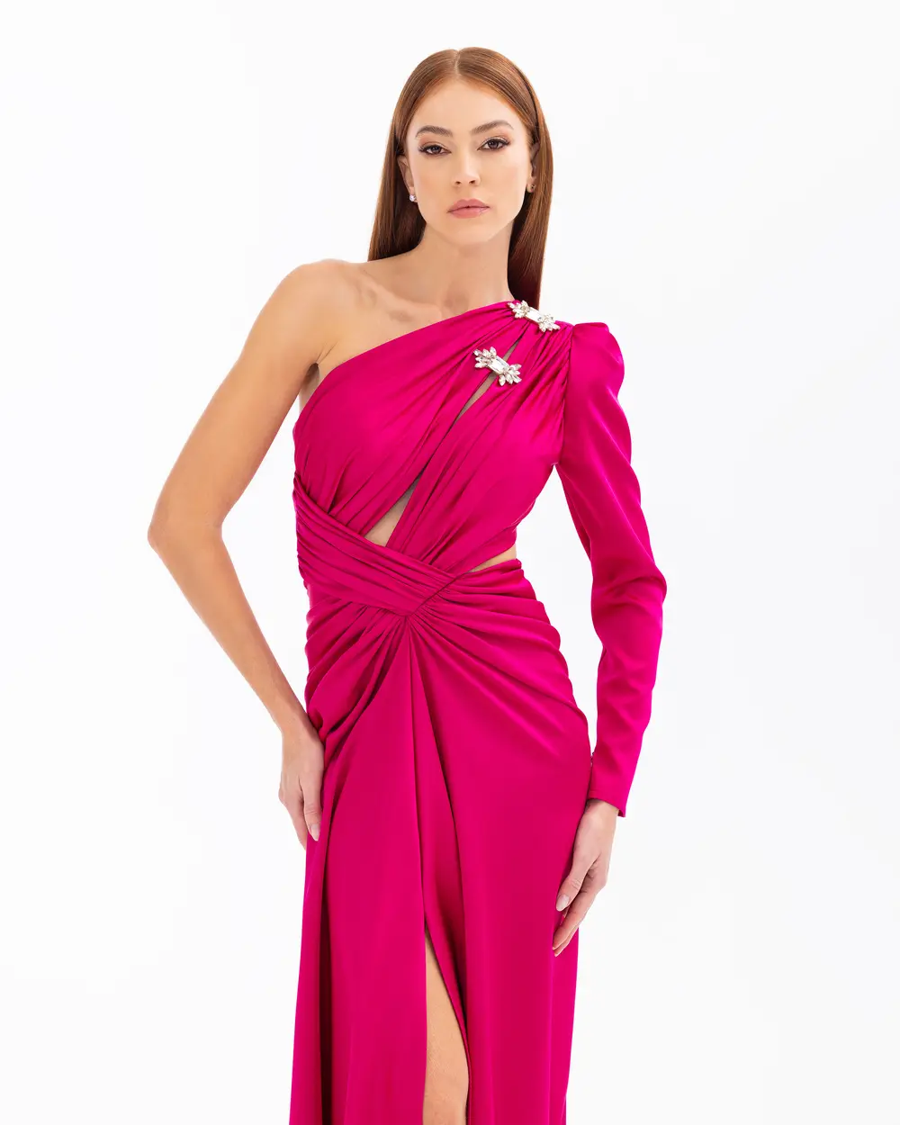 Satin Satin Window Detailed Evening Dress with Stone Slits