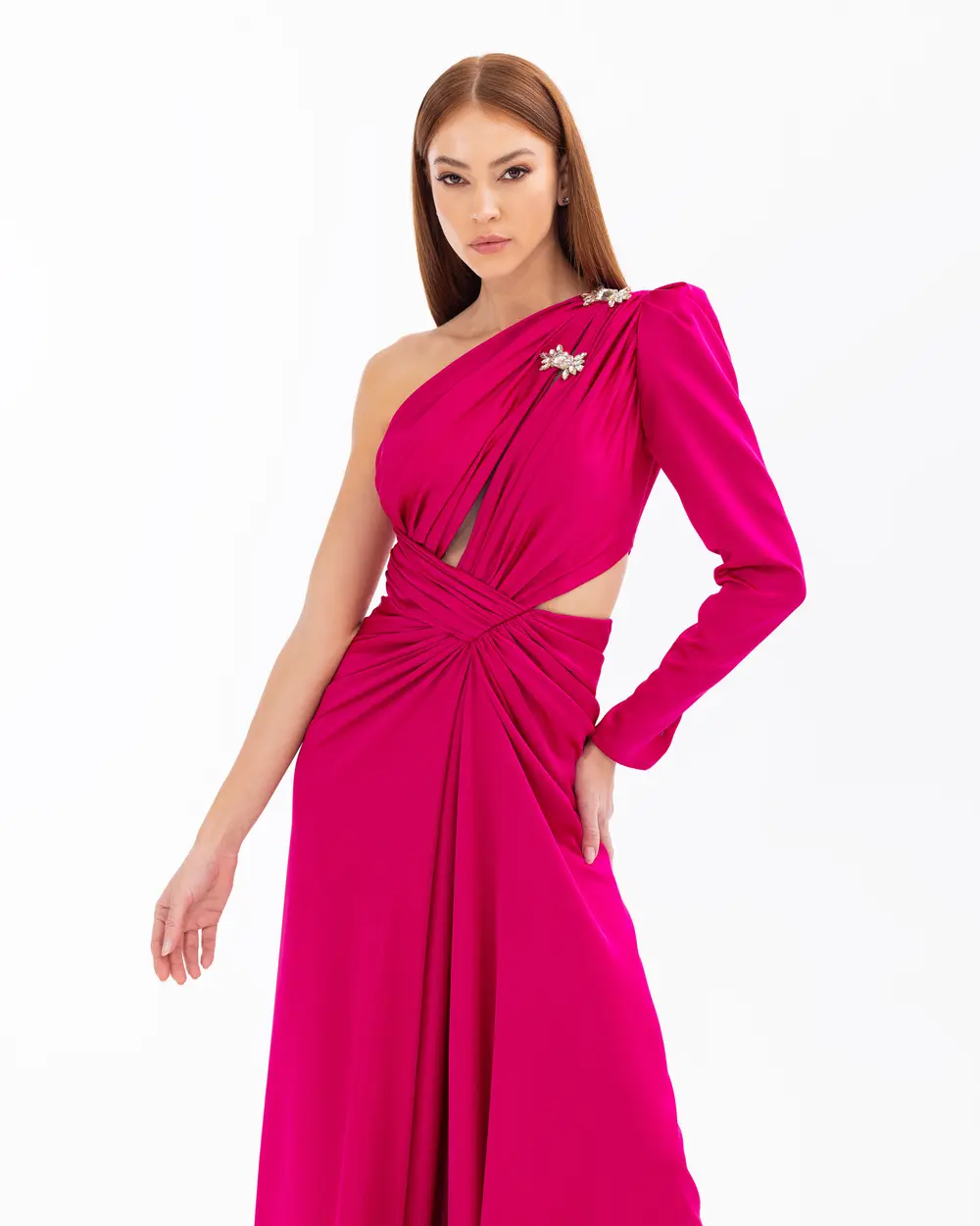 Satin Satin Window Detailed Evening Dress with Stone Slits