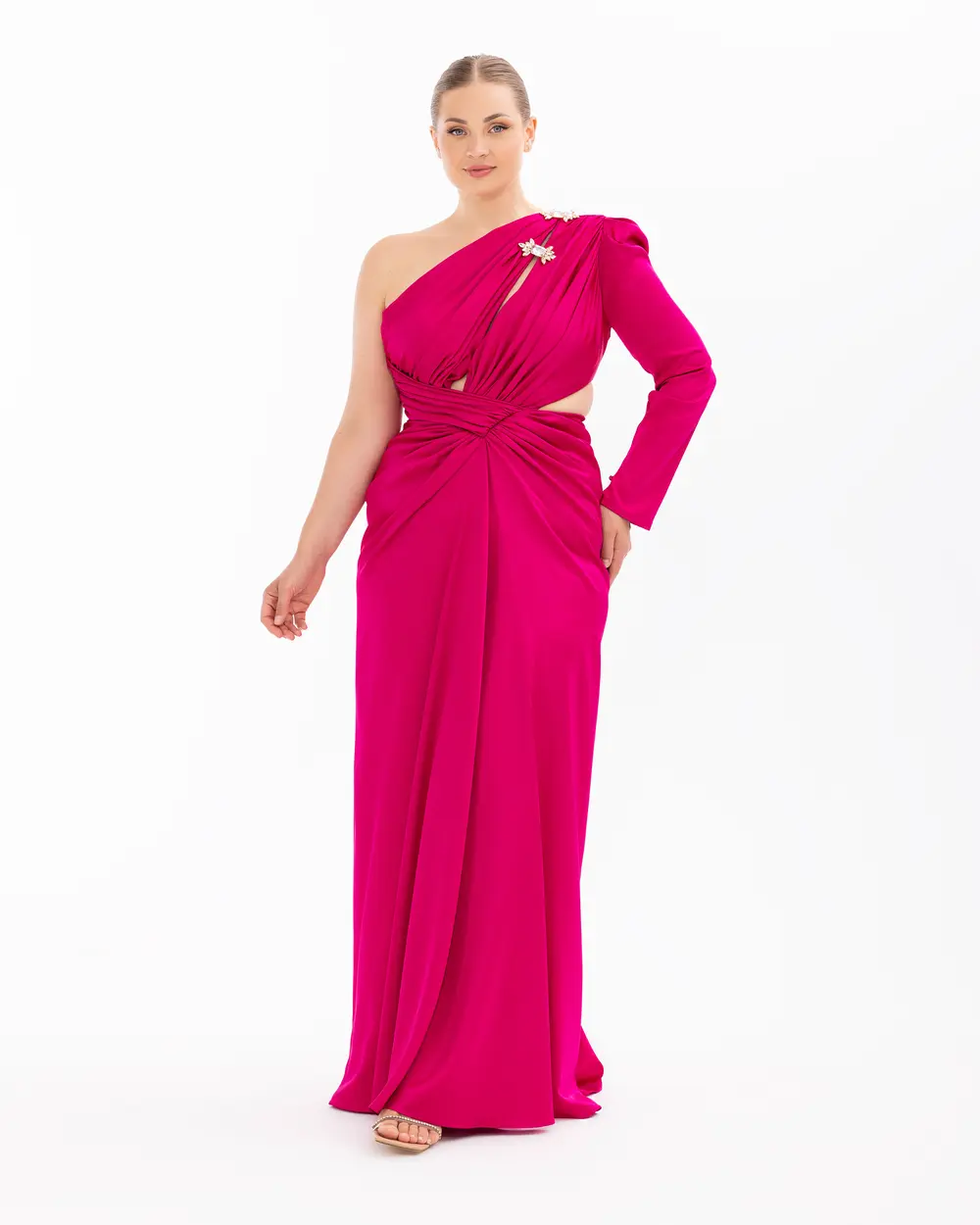 Satin Satin Window Detailed Evening Dress with Stone Slits