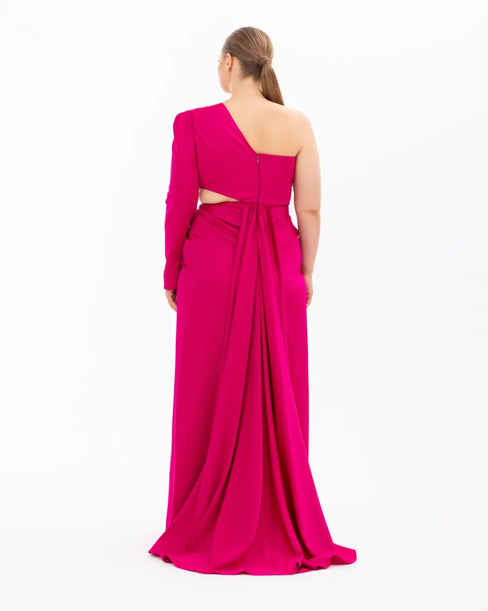 Satin Satin Window Detailed Evening Dress with Stone Slits