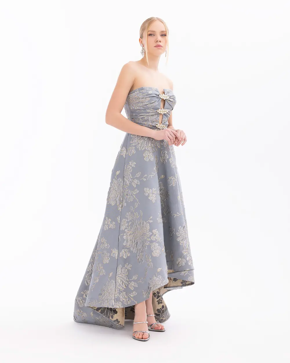 Strapless Jacquard Evening Dress with Stones