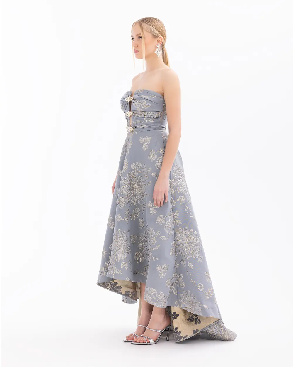 Strapless Jacquard Evening Dress with Stones