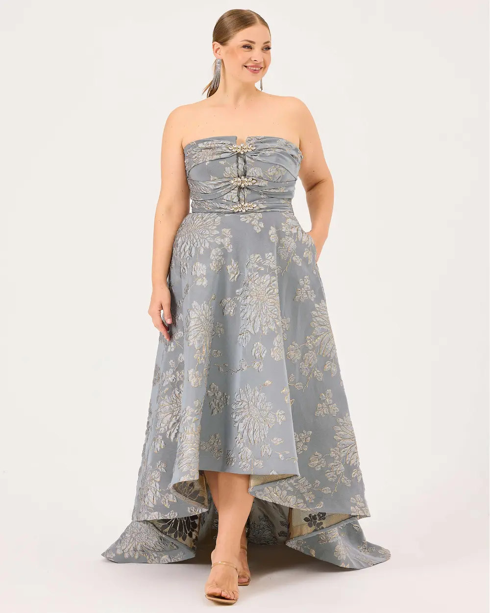 Strapless Jacquard Evening Dress with Stones