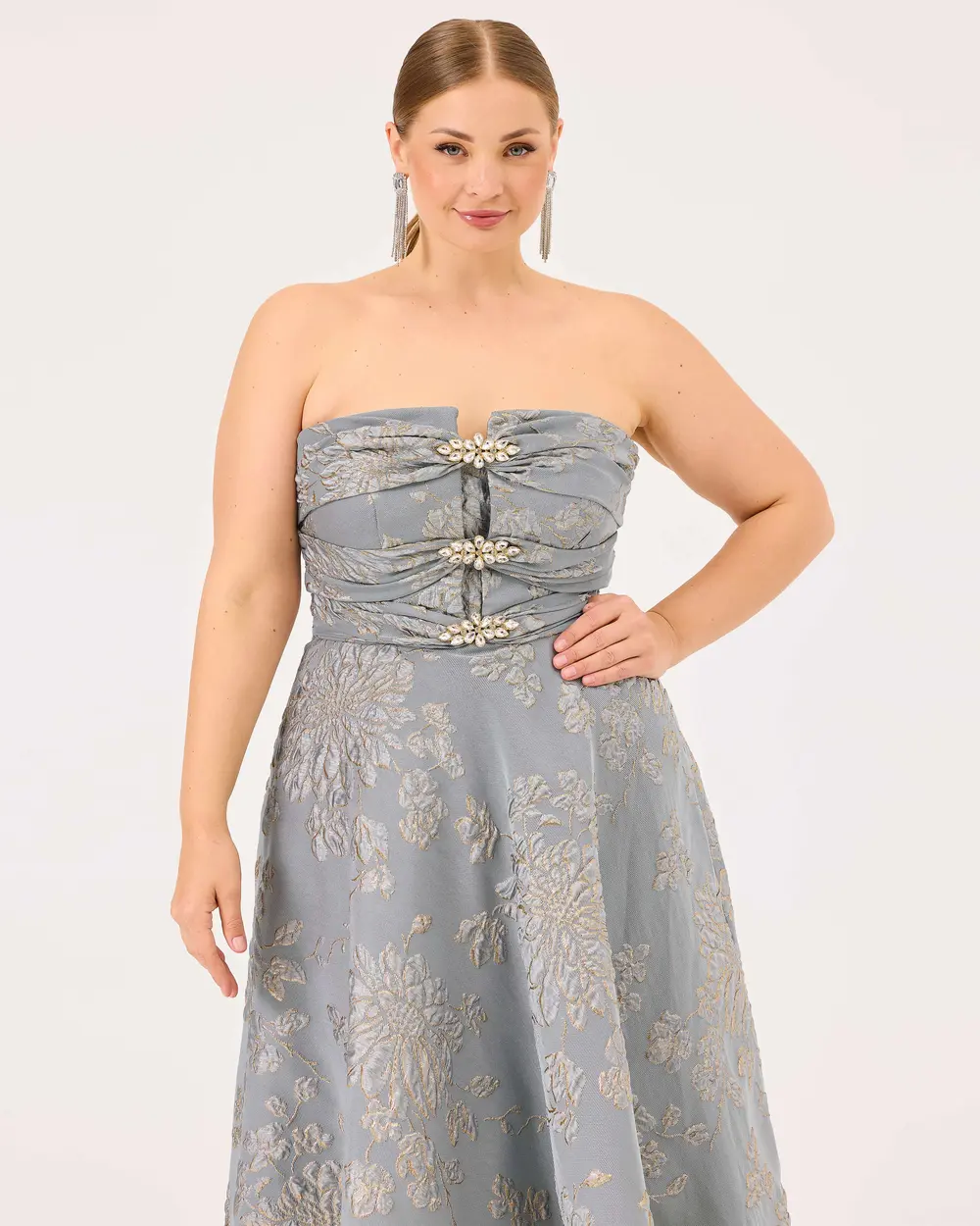 Strapless Jacquard Evening Dress with Stones