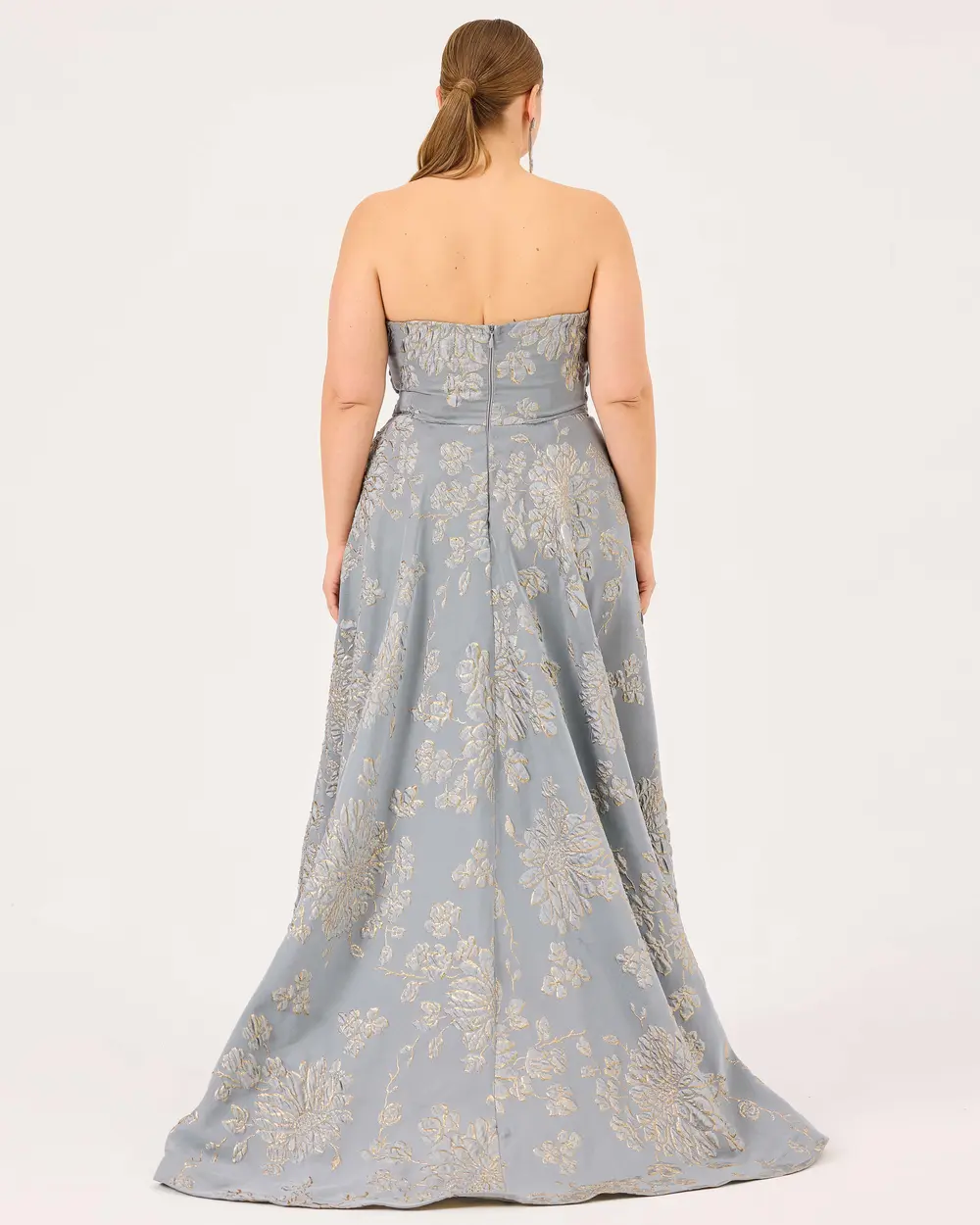 Strapless Jacquard Evening Dress with Stones