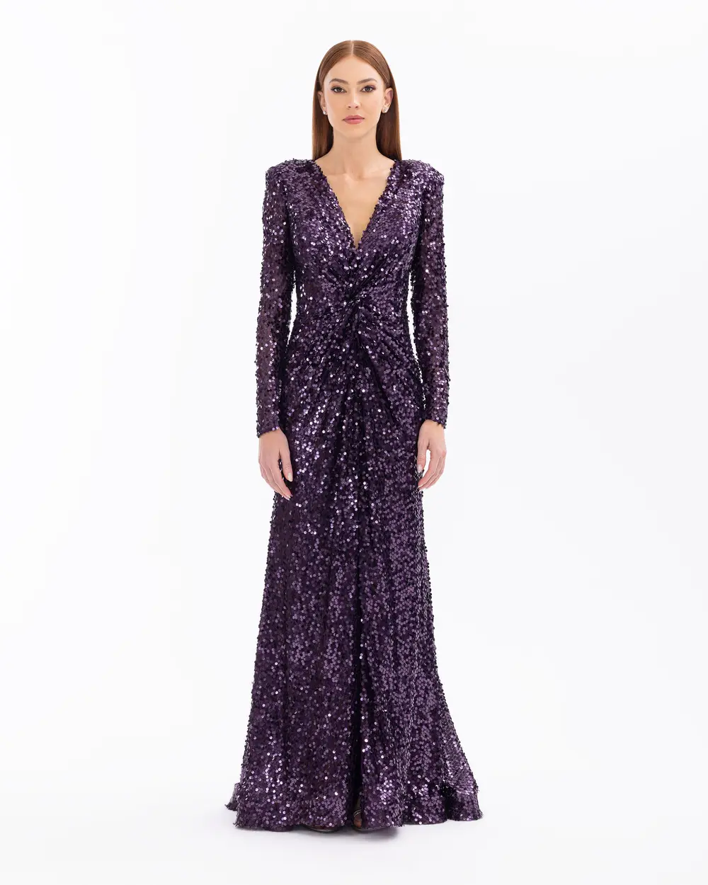 Draped Long Sleeve Sequin Evening Dress