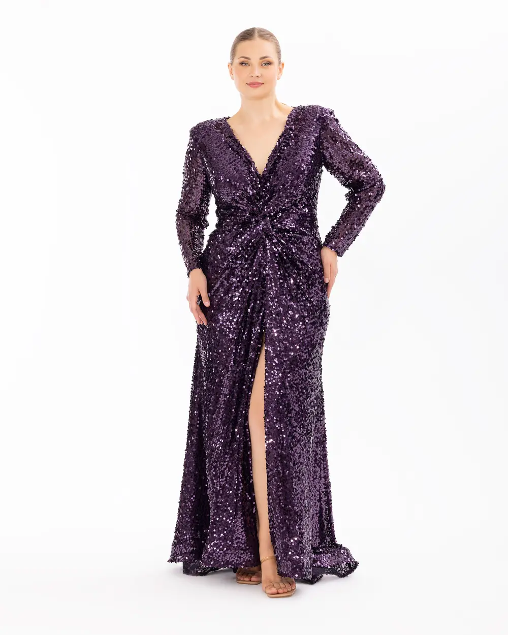 Draped Long Sleeve Sequin Evening Dress