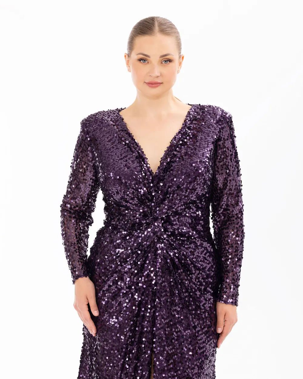 Draped Long Sleeve Sequin Evening Dress