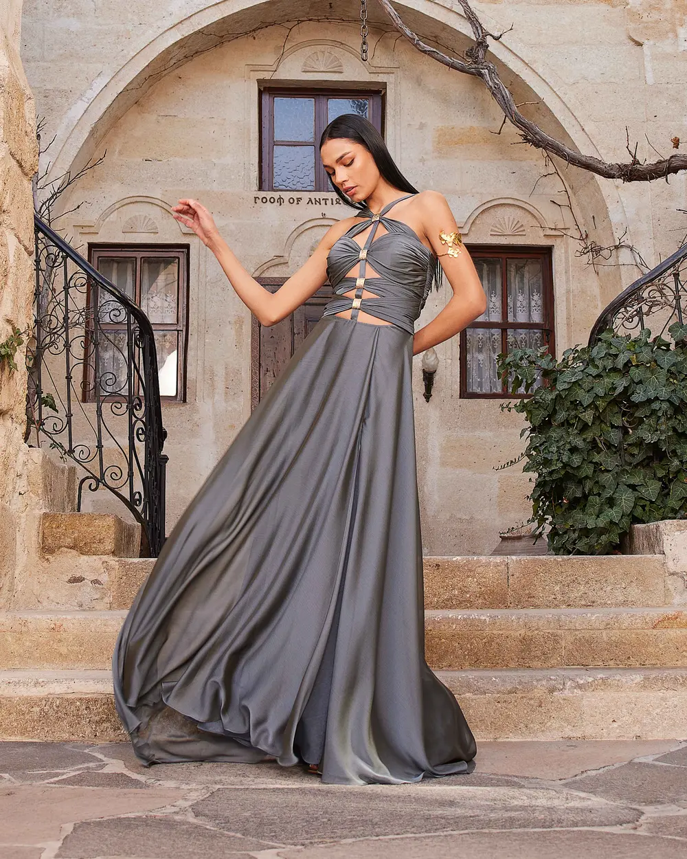 Halter Neck Window Detailed Chiffon Evening Dress