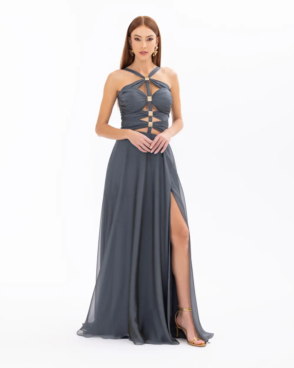 Halter Neck Window Detailed Chiffon Evening Dress