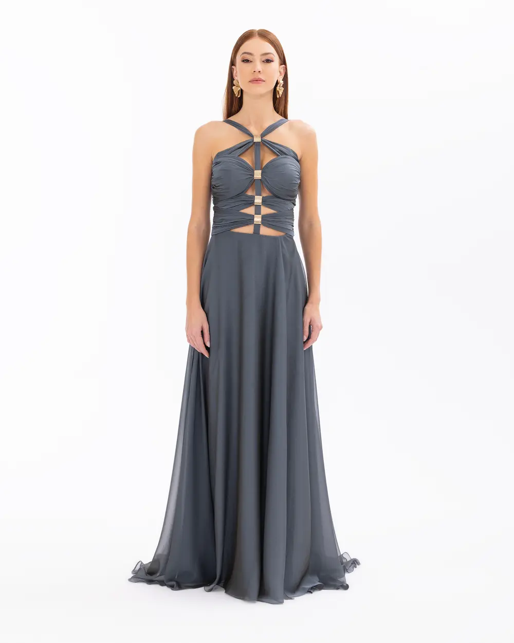 Halter Neck Window Detailed Chiffon Evening Dress