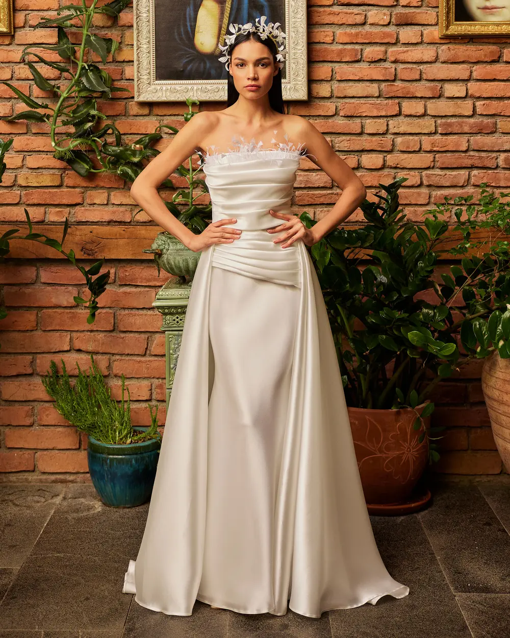 Strapless Draped Satin Evening Dress