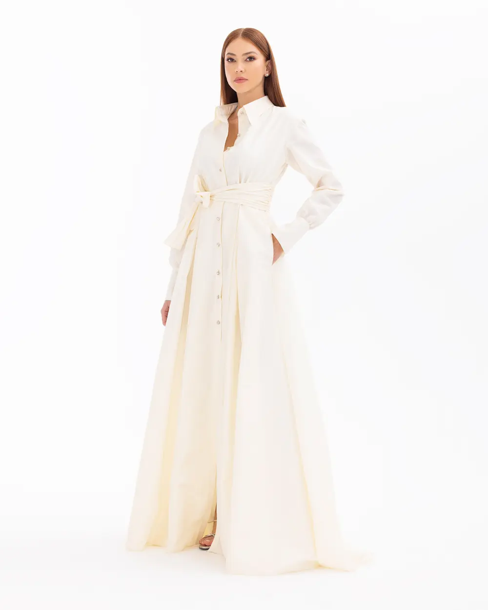 Shirt Collar Stone Detailed Full Length Evening Dress