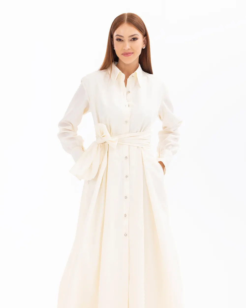 Shirt Collar Stone Detailed Full Length Evening Dress