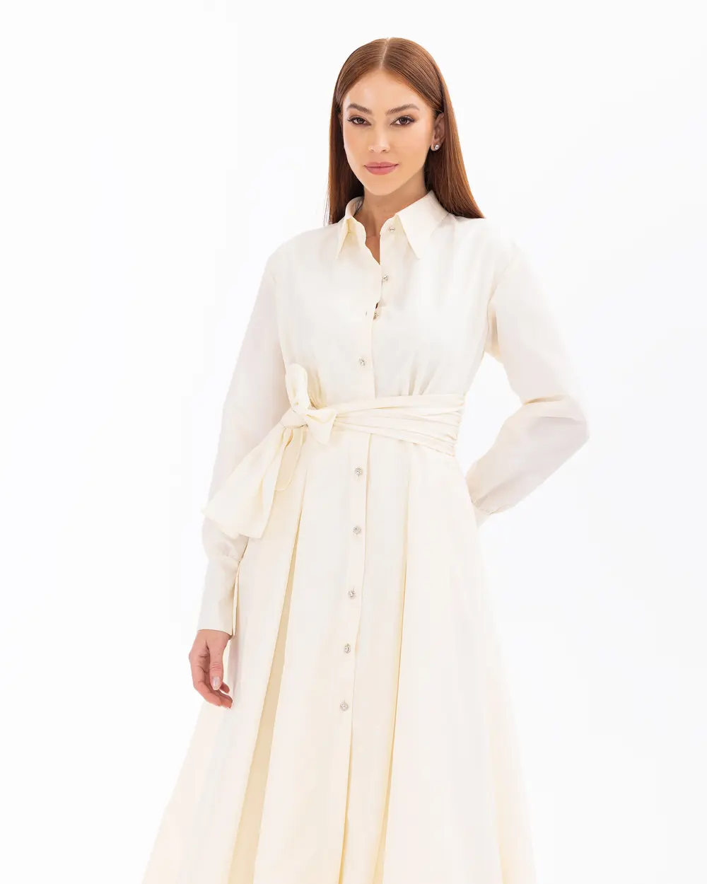 Shirt Collar Stone Detailed Full Length Evening Dress