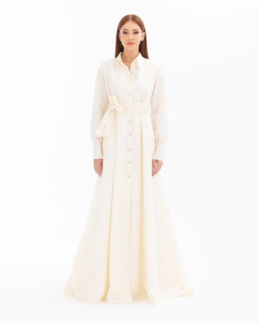 Shirt Collar Stone Detailed Full Length Evening Dress