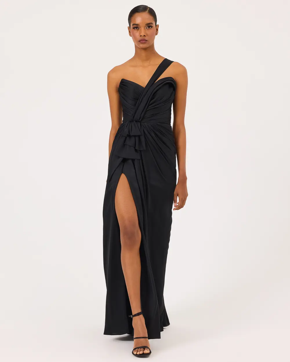 Draped One Shoulder Slit Evening Dress