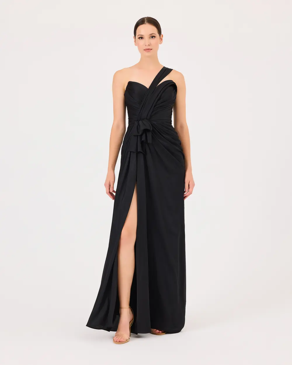 Draped One Shoulder Slit Evening Dress