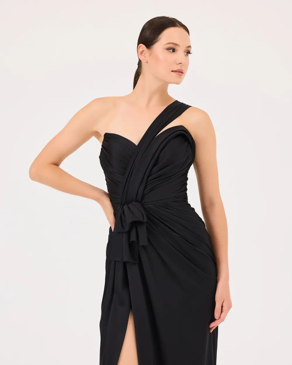 Draped One Shoulder Slit Evening Dress