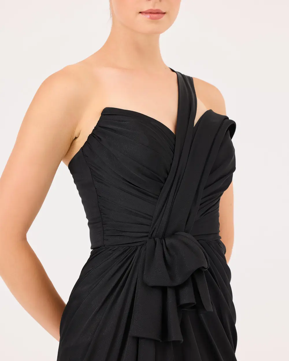 Draped One Shoulder Slit Evening Dress