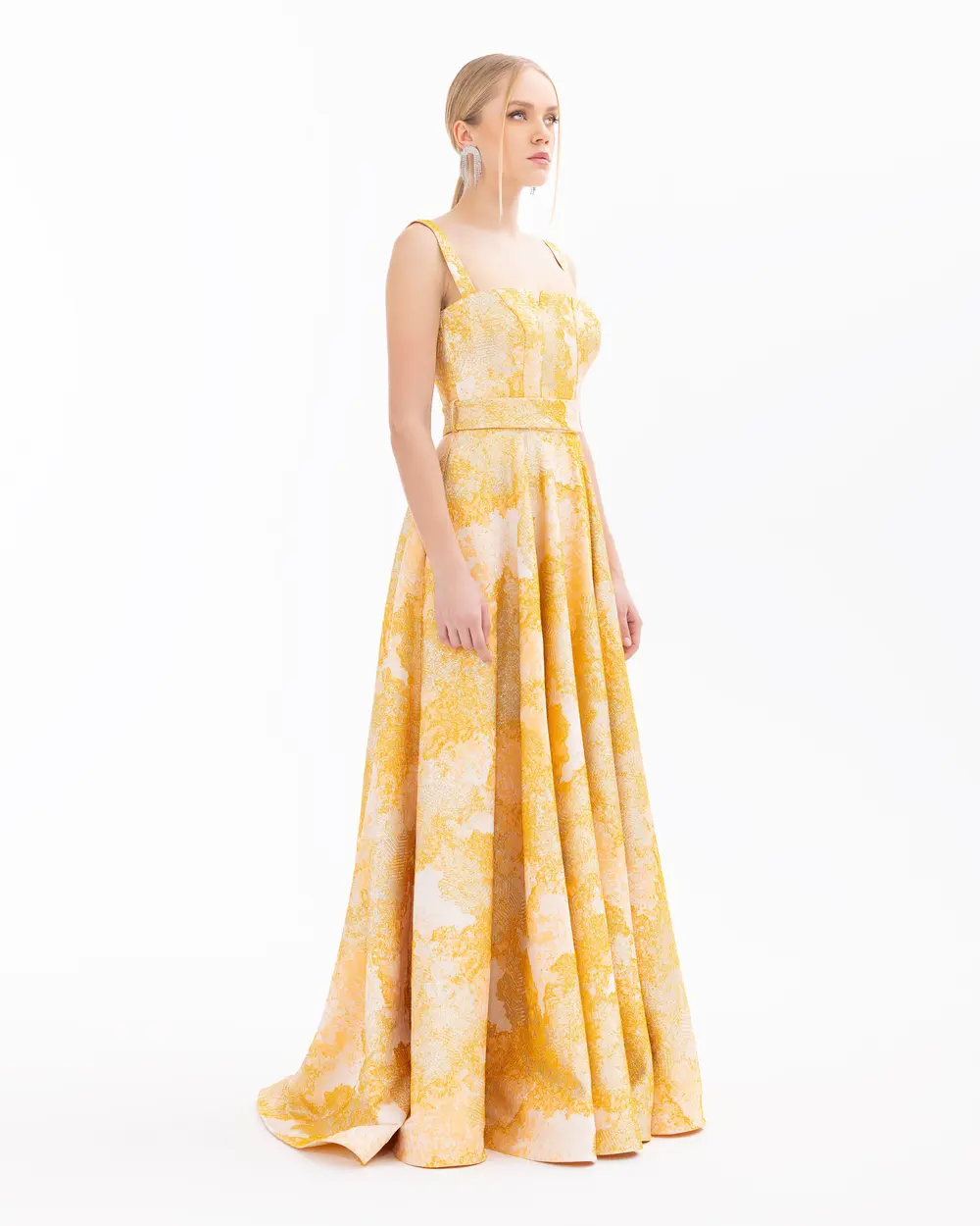 Jacquard Maxi Length Evening Dress with Belt