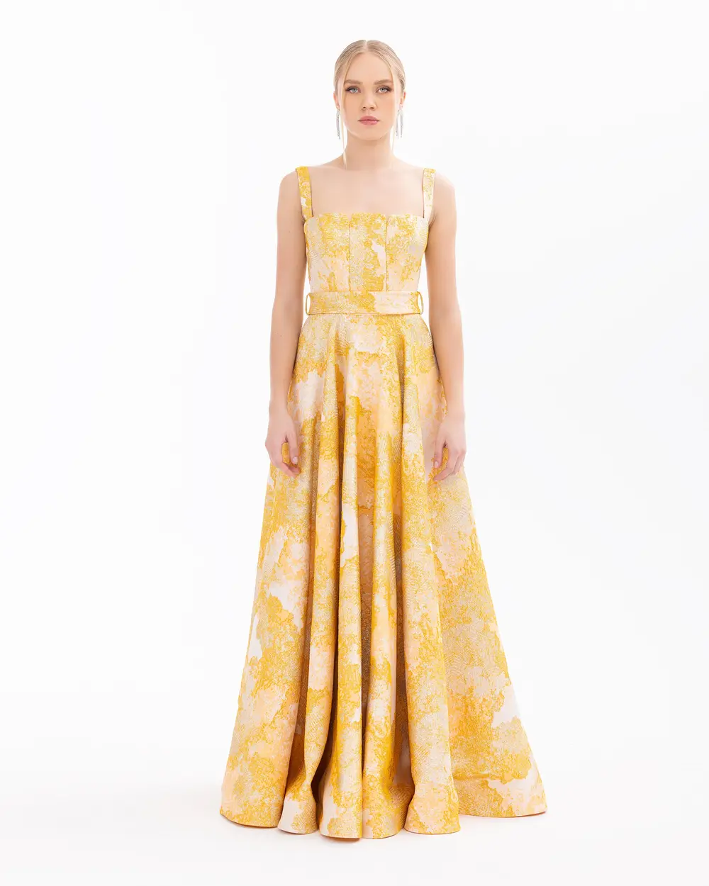 Jacquard Maxi Length Evening Dress with Belt