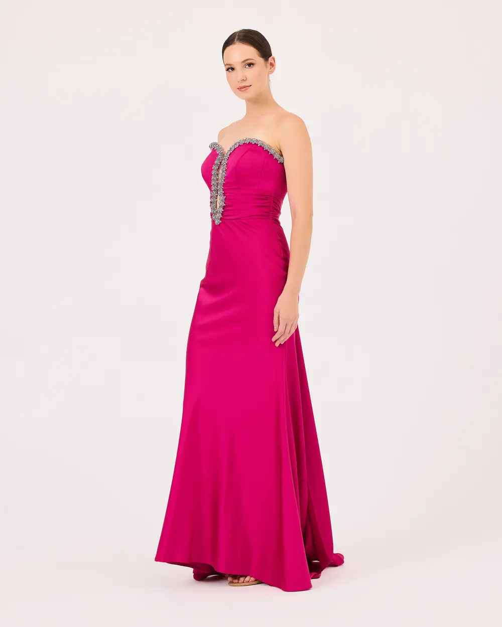 Stone Embroidered Fish Form Decollete Satin Evening Dress