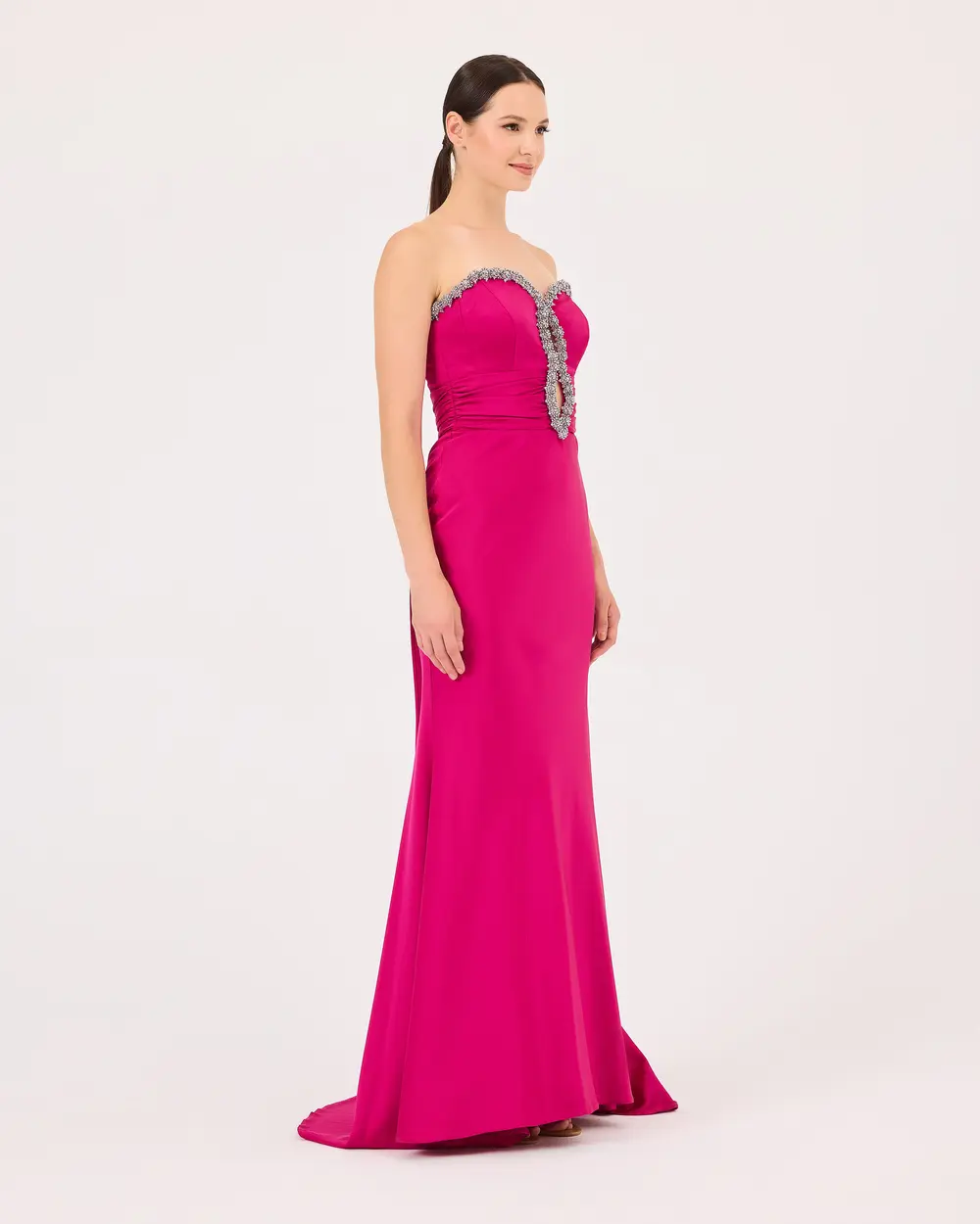 Stone Embroidered Fish Form Decollete Satin Evening Dress