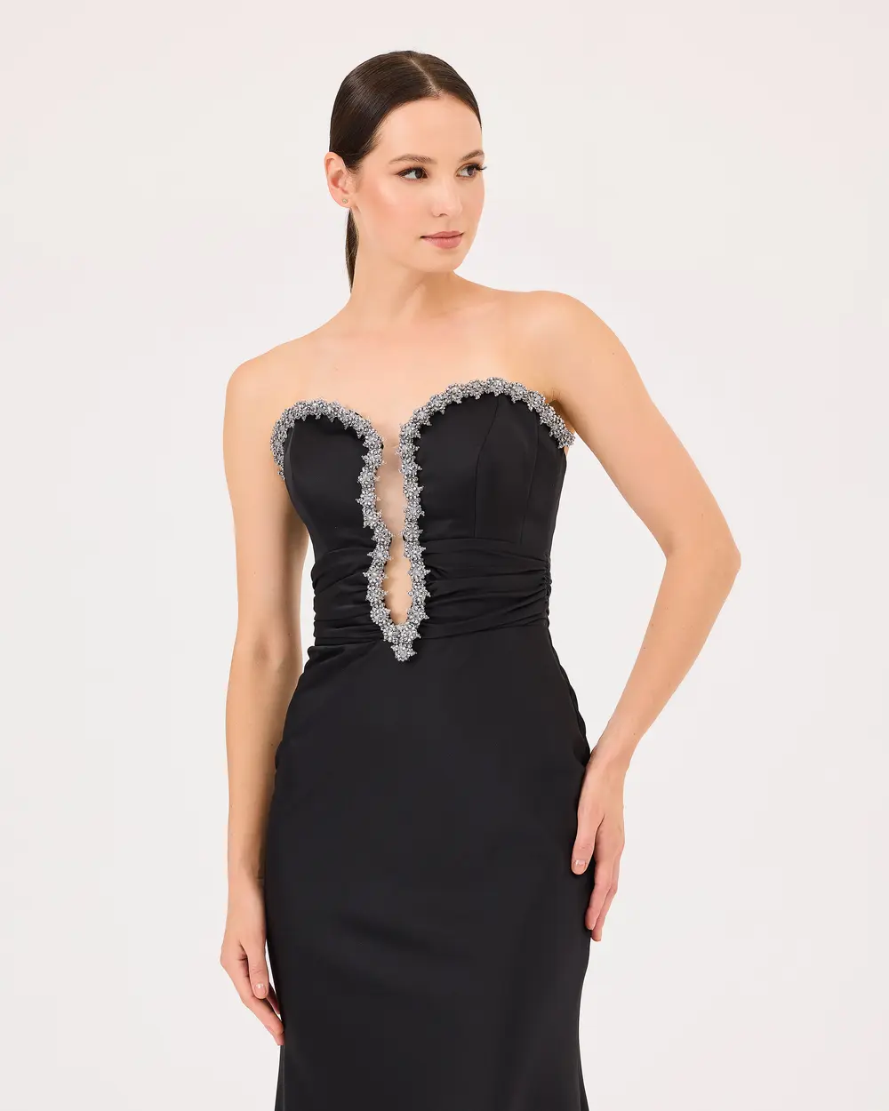 Stone Embroidered Fish Form Decollete Satin Evening Dress