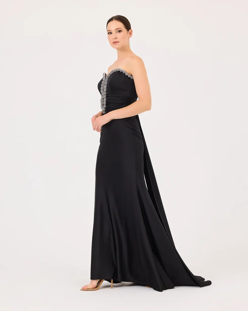 Stone Embroidered Fish Form Decollete Satin Evening Dress