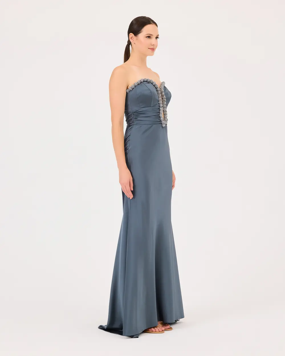 Stone Embroidered Fish Form Decollete Satin Evening Dress