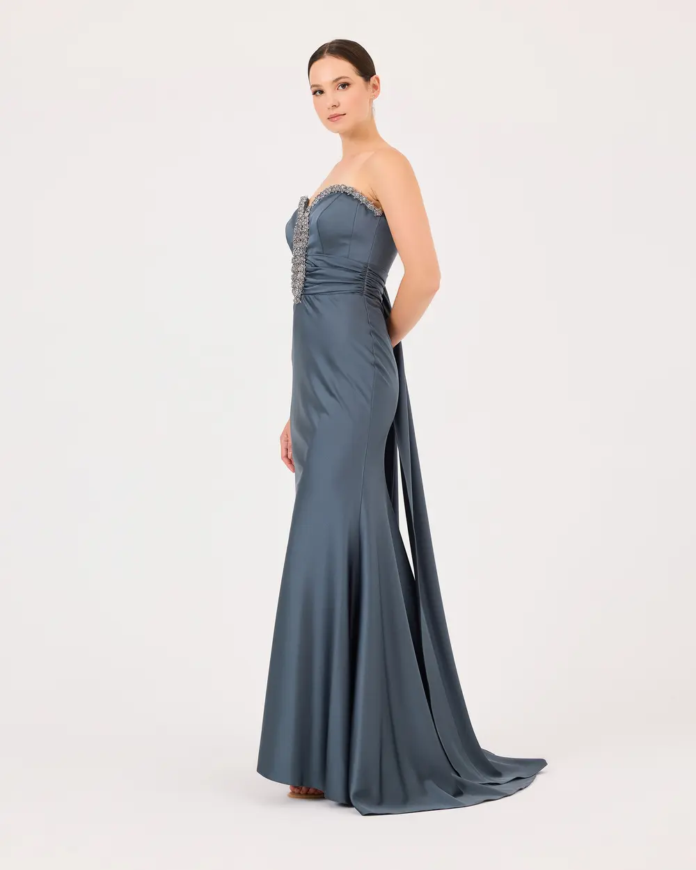 Stone Embroidered Fish Form Decollete Satin Evening Dress