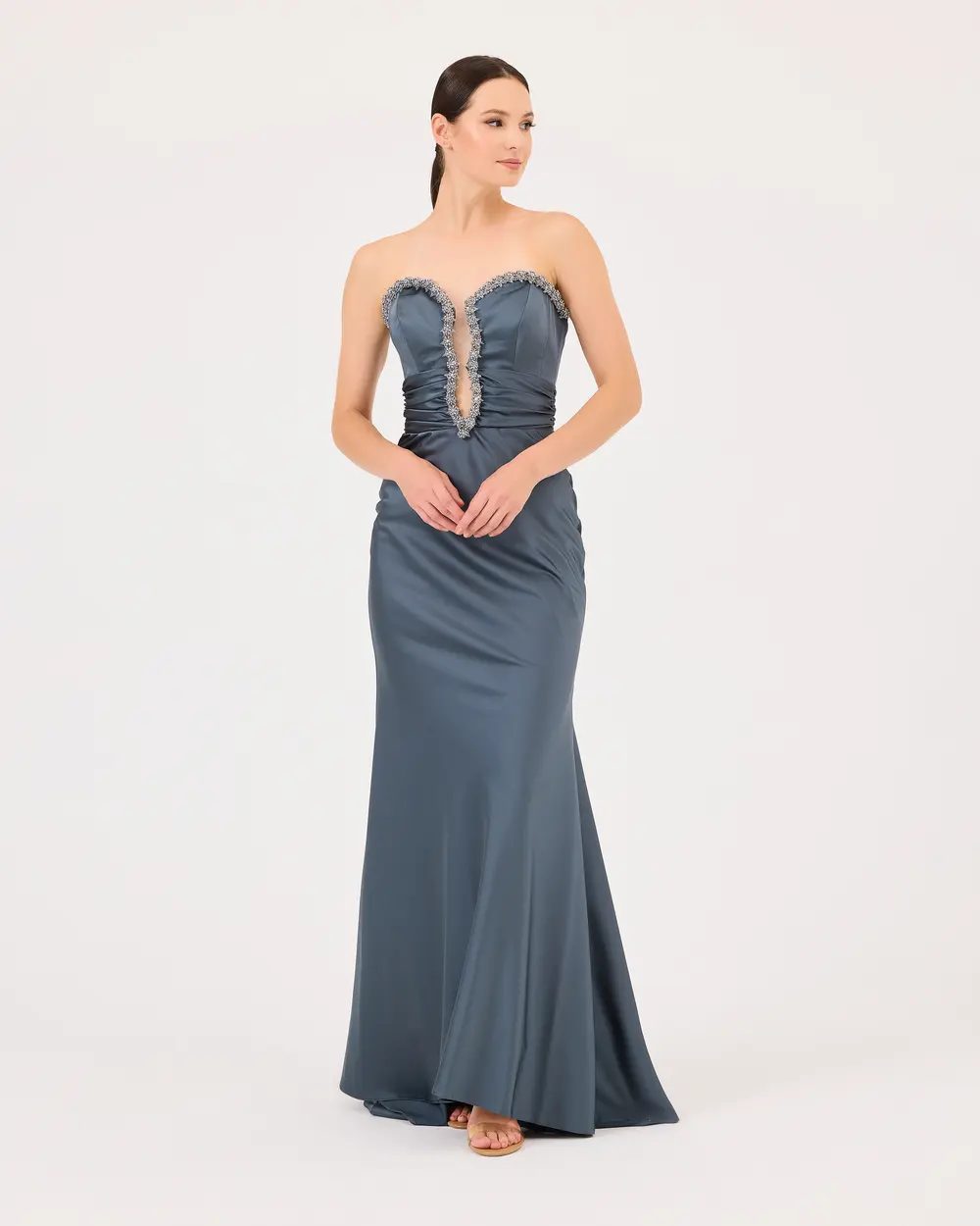 Stone Embroidered Fish Form Decollete Satin Evening Dress