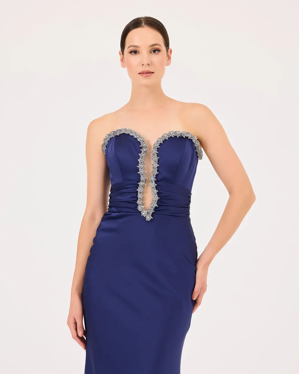 Stone Embroidered Fish Form Decollete Satin Evening Dress