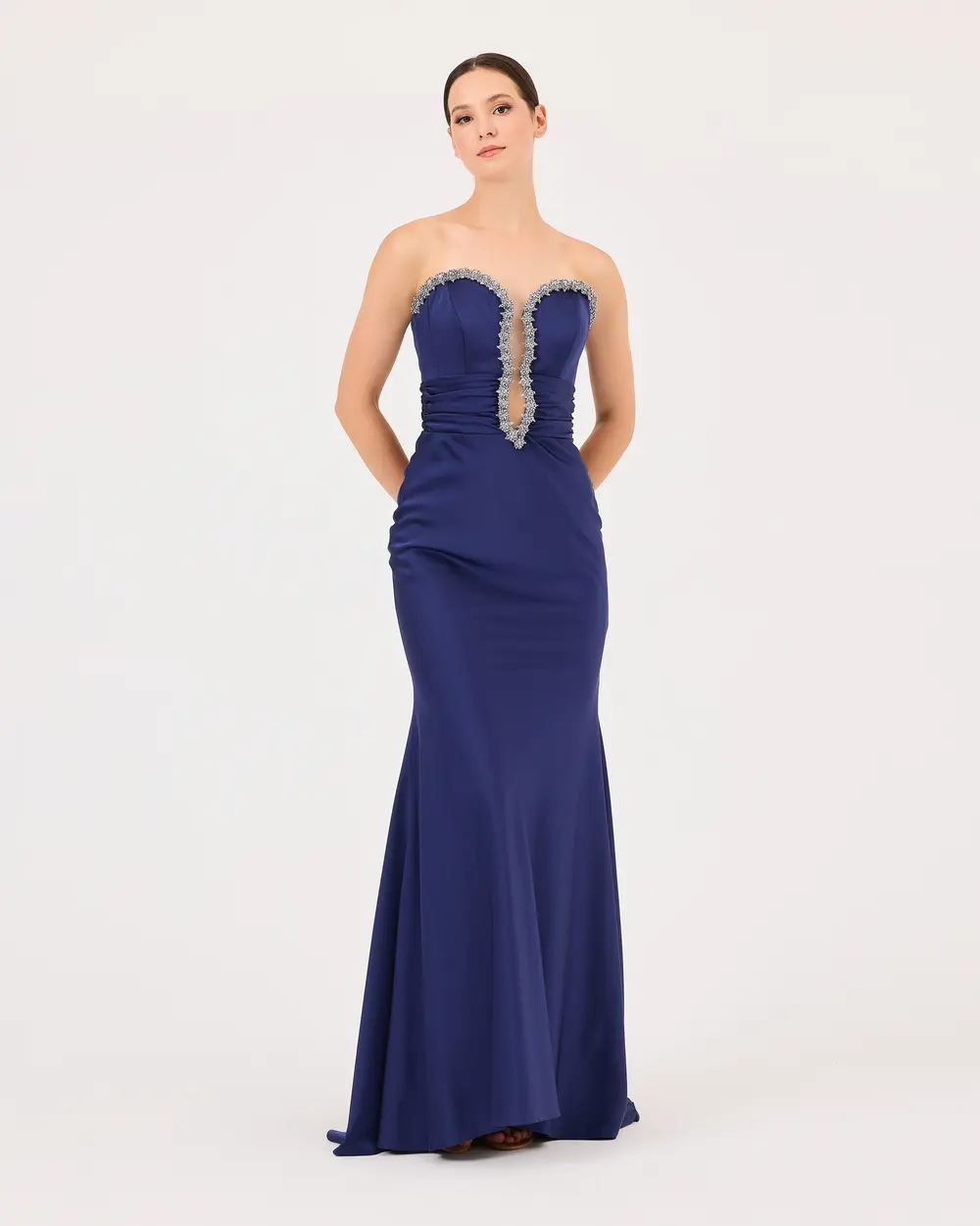 Stone Embroidered Fish Form Decollete Satin Evening Dress