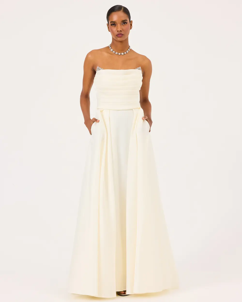 Organza Fabric Stone Detailed Pleated Evening Dress