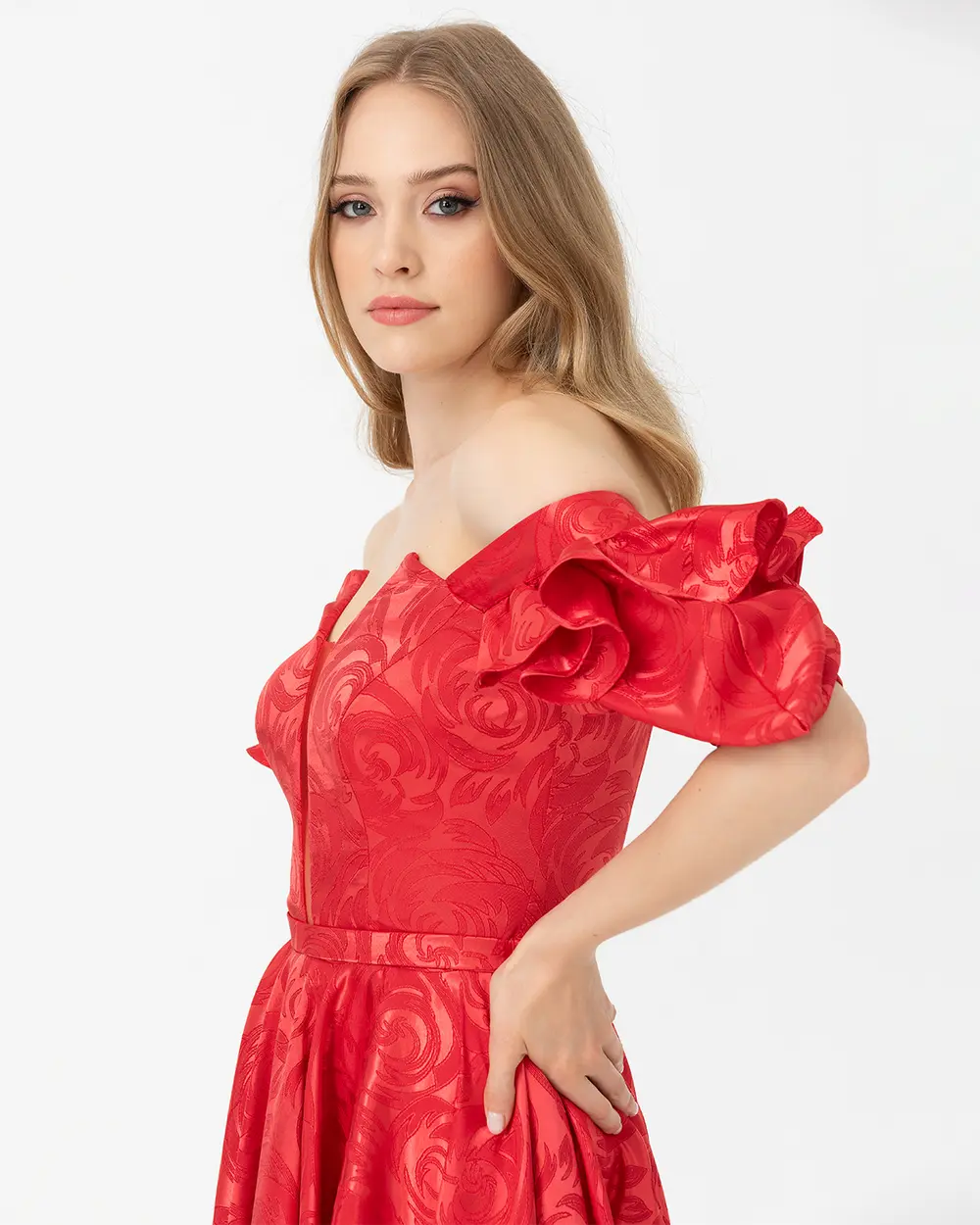 Kemerli Kare Yaka Jakar Abiye