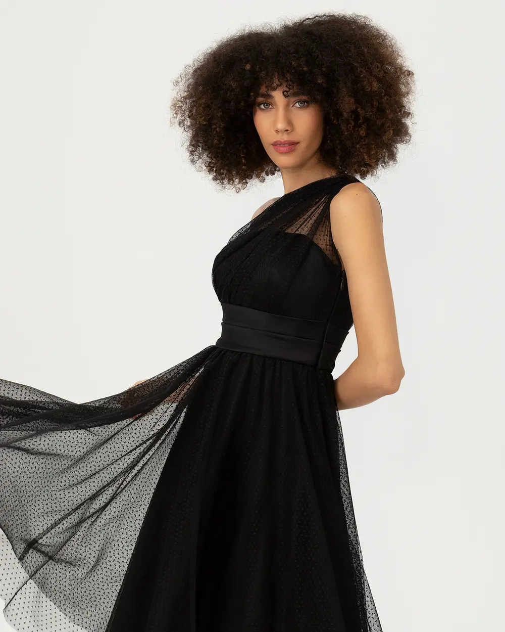 Open Shoulder Midi Length Tulle Evening Dress