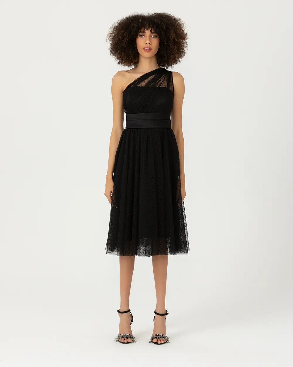 Open Shoulder Midi Length Tulle Evening Dress