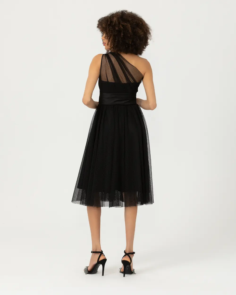 Open Shoulder Midi Length Tulle Evening Dress