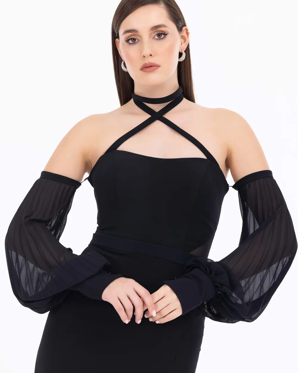 Straplez Yaka Bağcık Detaylı Şifon Abiye