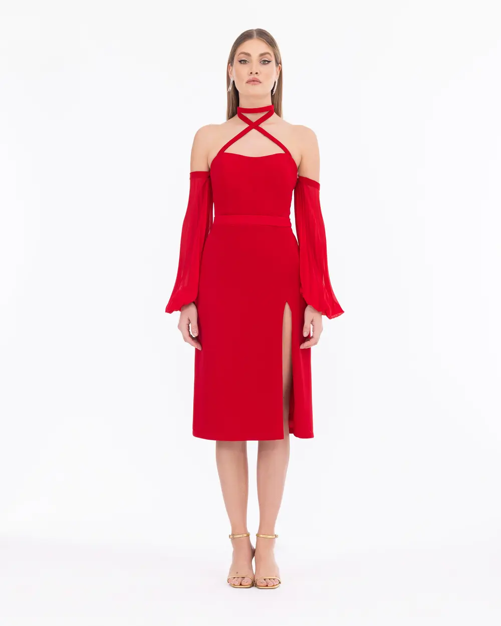 Straplez Yaka Bağcık Detaylı Şifon Abiye