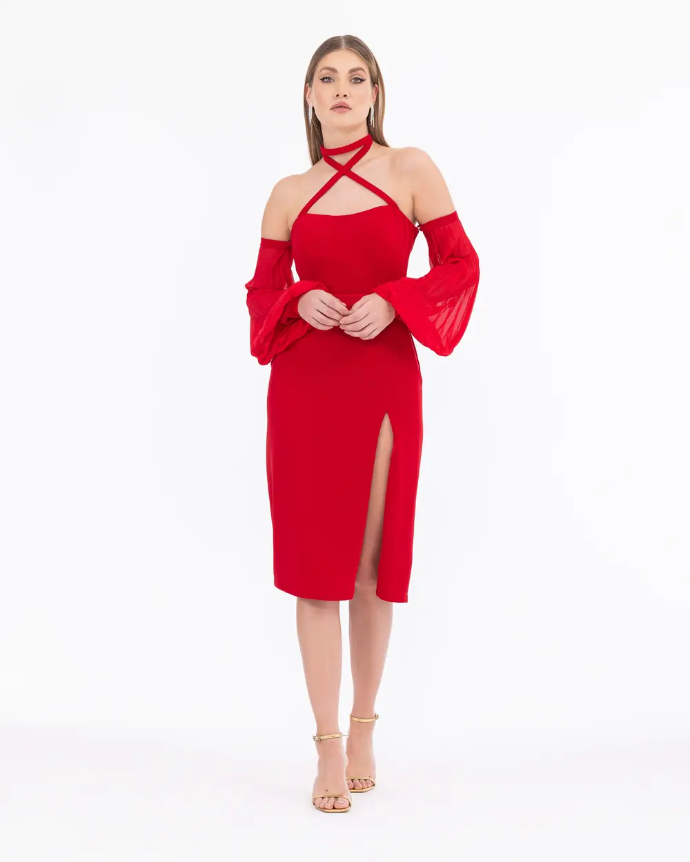 Straplez Yaka Bağcık Detaylı Şifon Abiye