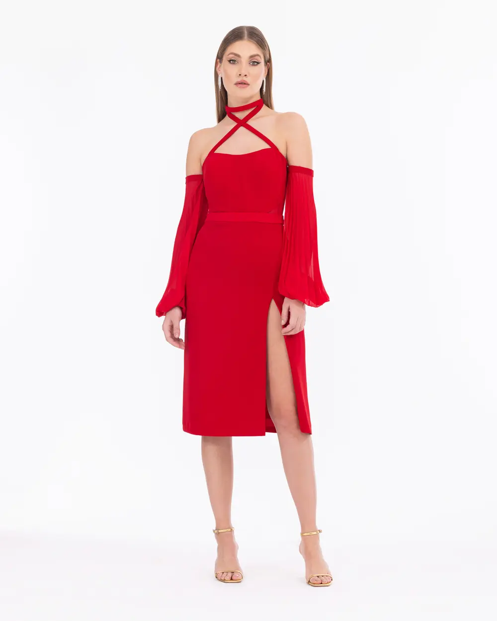 Straplez Yaka Bağcık Detaylı Şifon Abiye